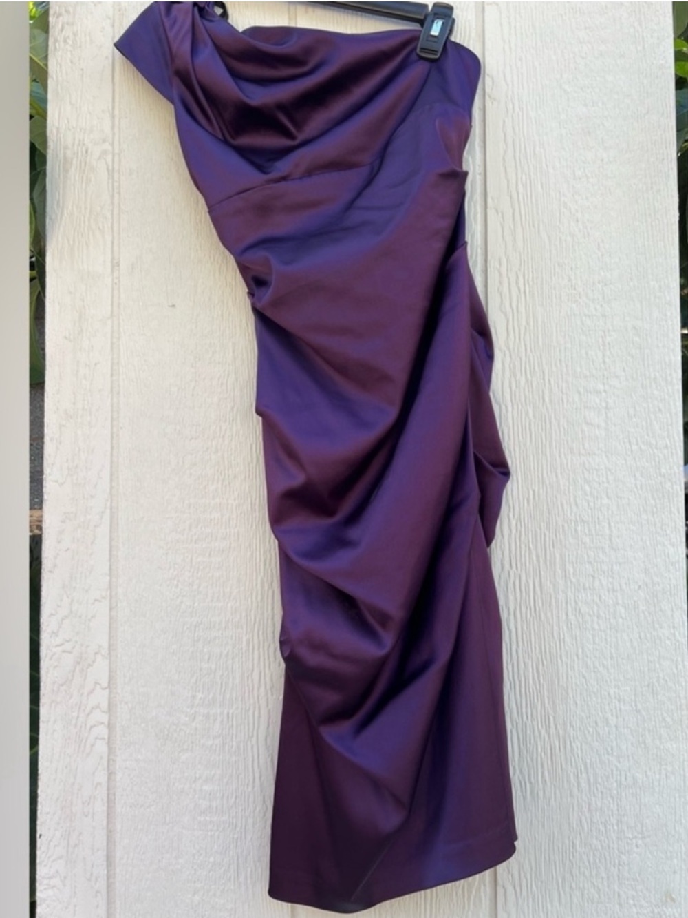 Xscape by joanna chen purple one shoulder draped mini dress